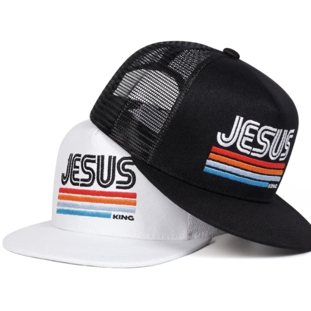 Jesus King Black Trucker Hat with Retro Stripes WHITE - Picture 3 of 5
